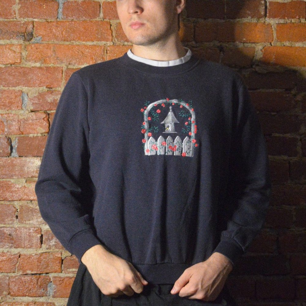 Vintage Embroidered Floral Birdhouse Sweatshirt
